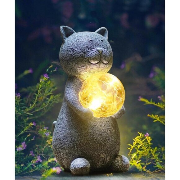 New Solar Cat Statue Garden Decor - Cat with Gazing Solar LED Light Ball